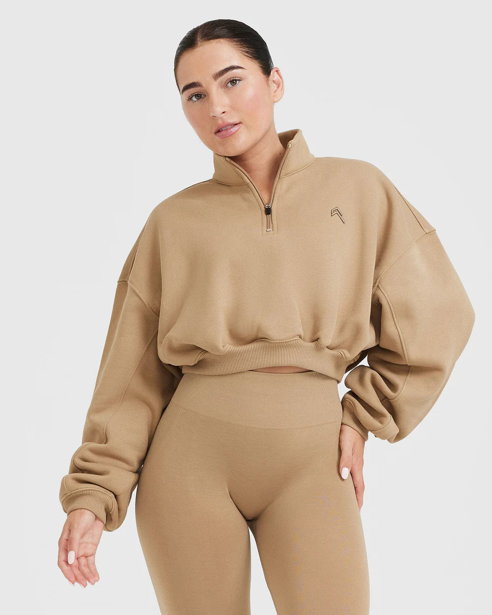 All Day Cosy Crop 1/4 Zip Sweatshirt - Dune Brown