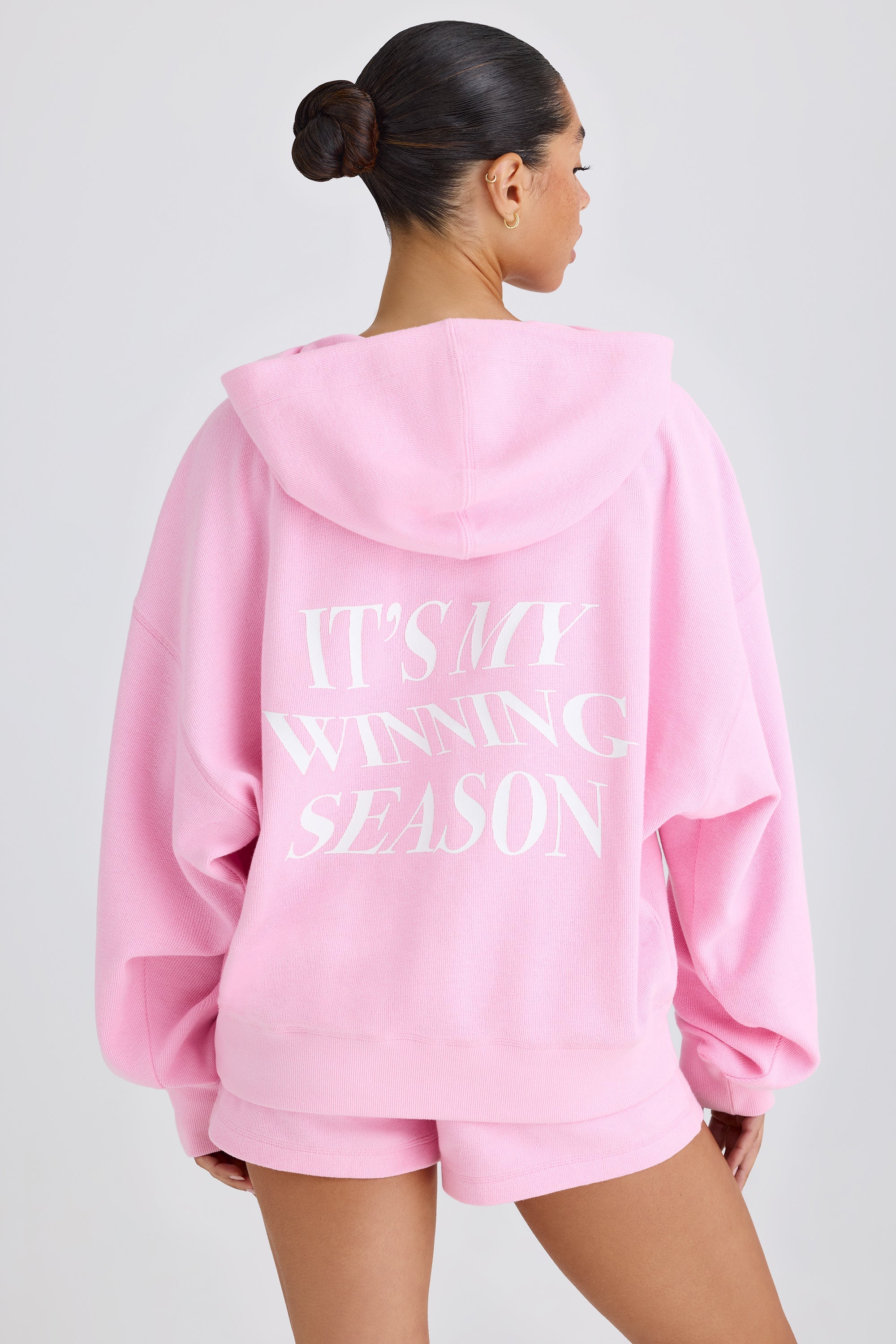 Textured Cotton Jersey Graphic Print Hoodie - Bubblegum Pink