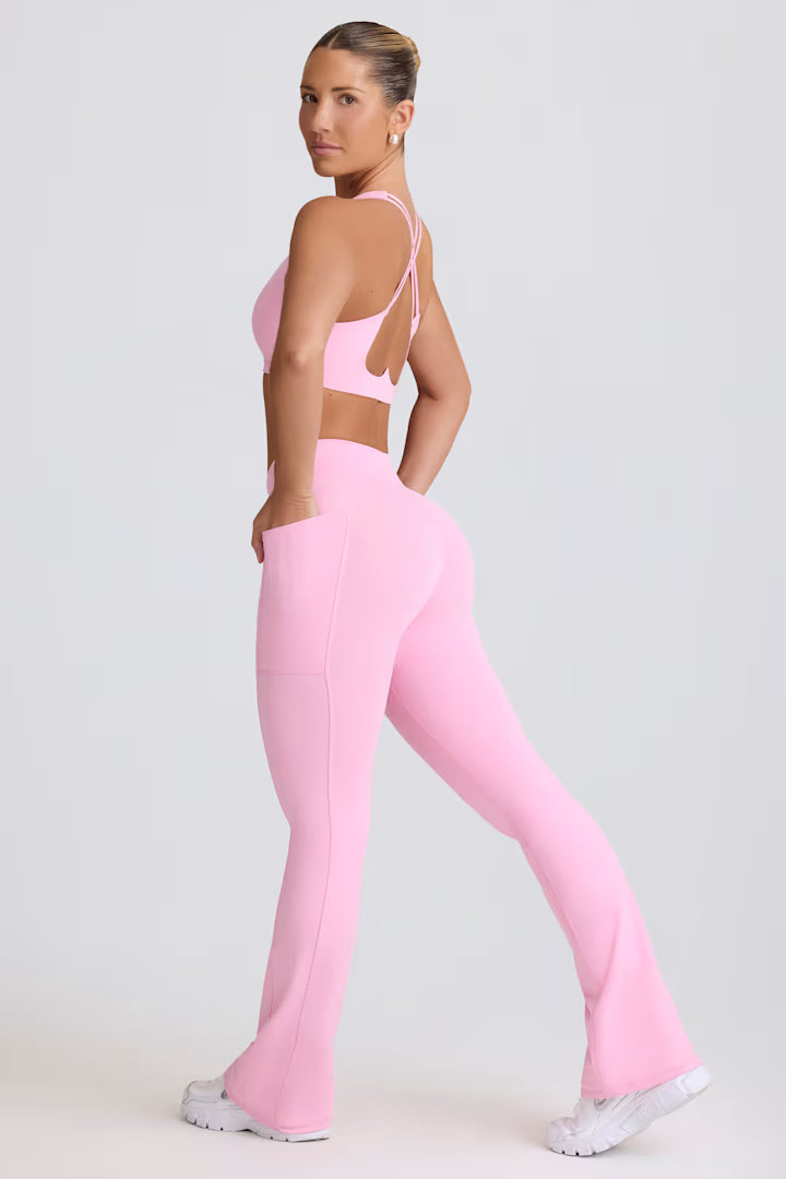 Soft Active V-Waist Pocket Flared Leggings - Baby Pink