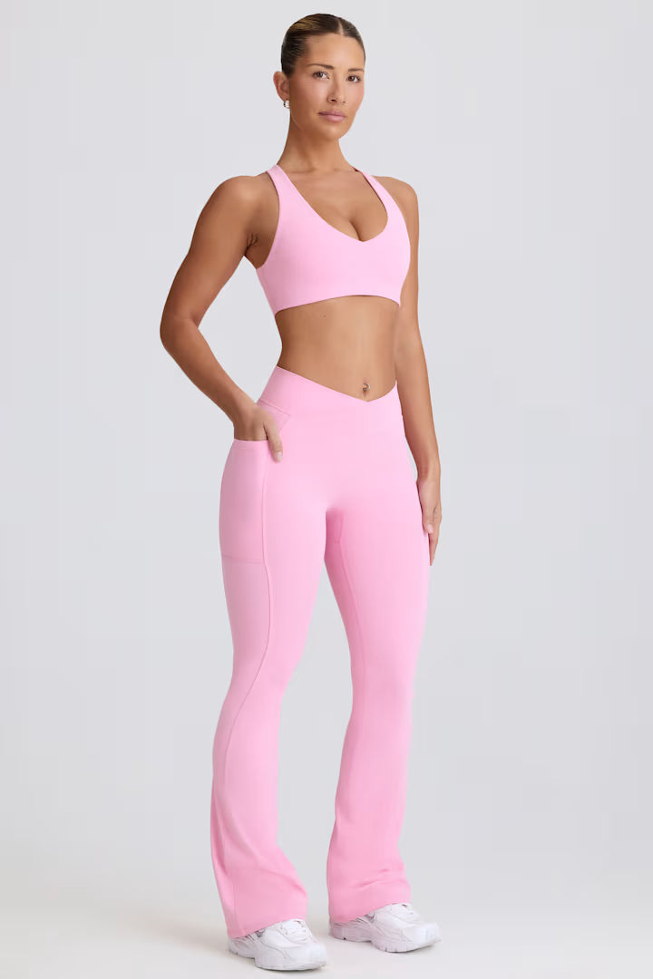 Soft Active V-Waist Pocket Flared Leggings - Baby Pink