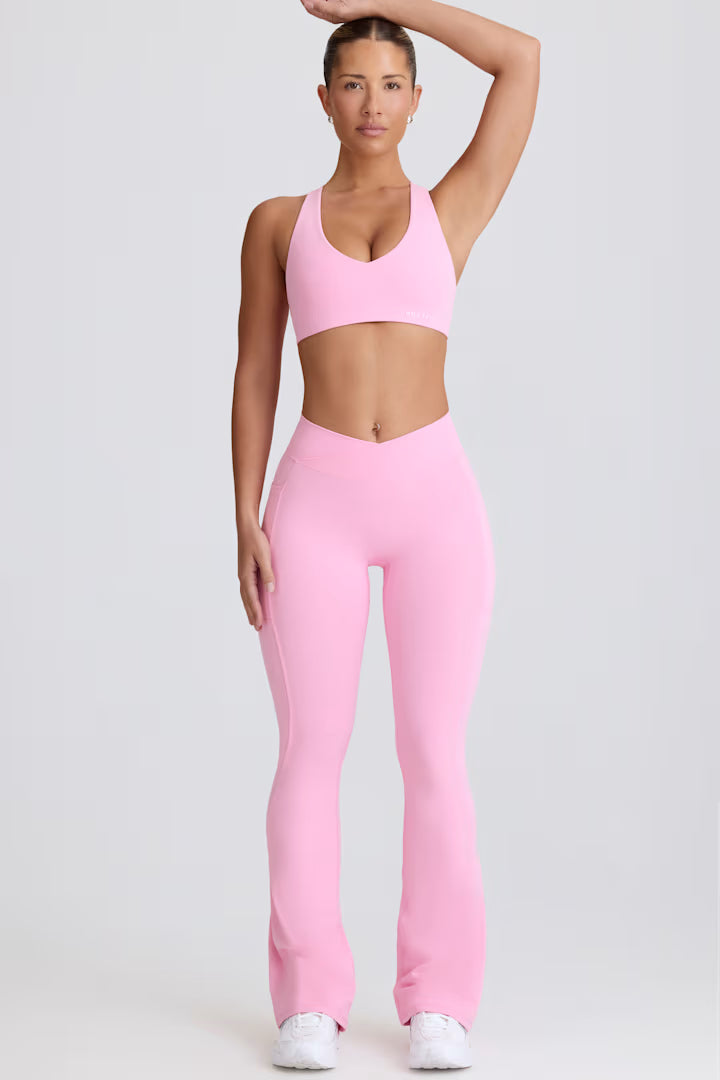 Soft Active V-Waist Pocket Flared Leggings - Baby Pink