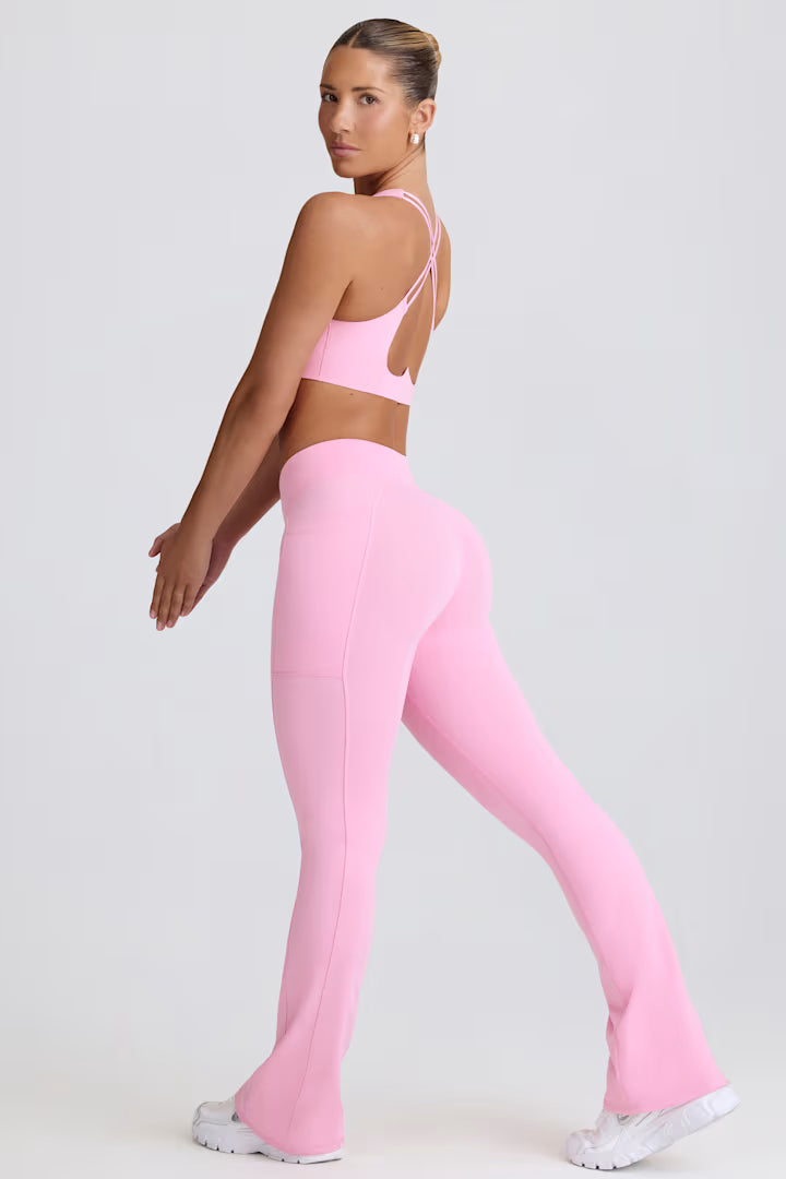 Soft Active V-Waist Pocket Flared Leggings - Baby Pink