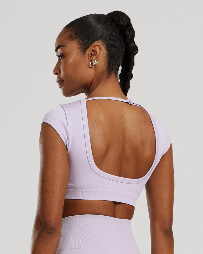 Motion Seamless Open Back Short Sleeve Crop Top - Cool Lilac