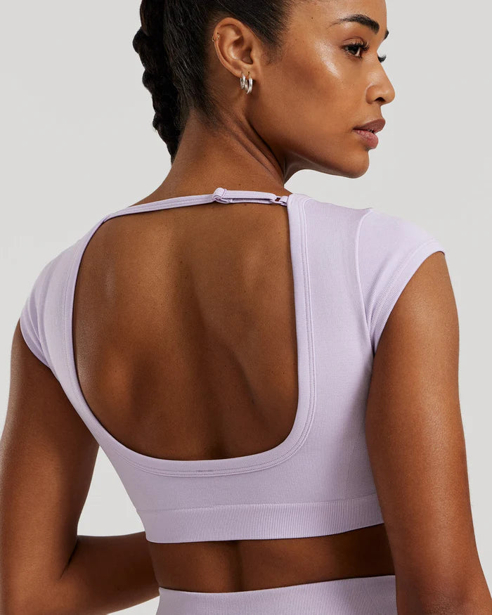 Motion Seamless Open Back Short Sleeve Crop Top - Cool Lilac