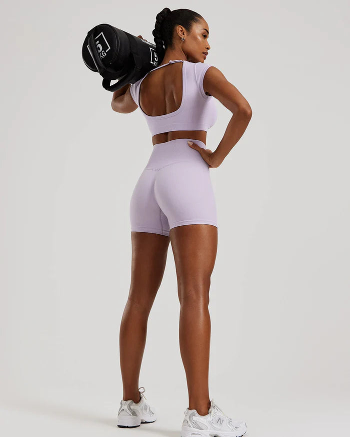Motion Seamless Open Back Short Sleeve Crop Top - Cool Lilac