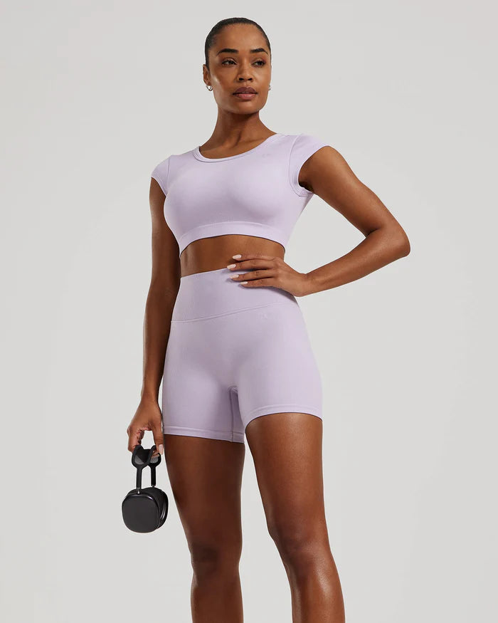 Motion Seamless Open Back Short Sleeve Crop Top - Cool Lilac