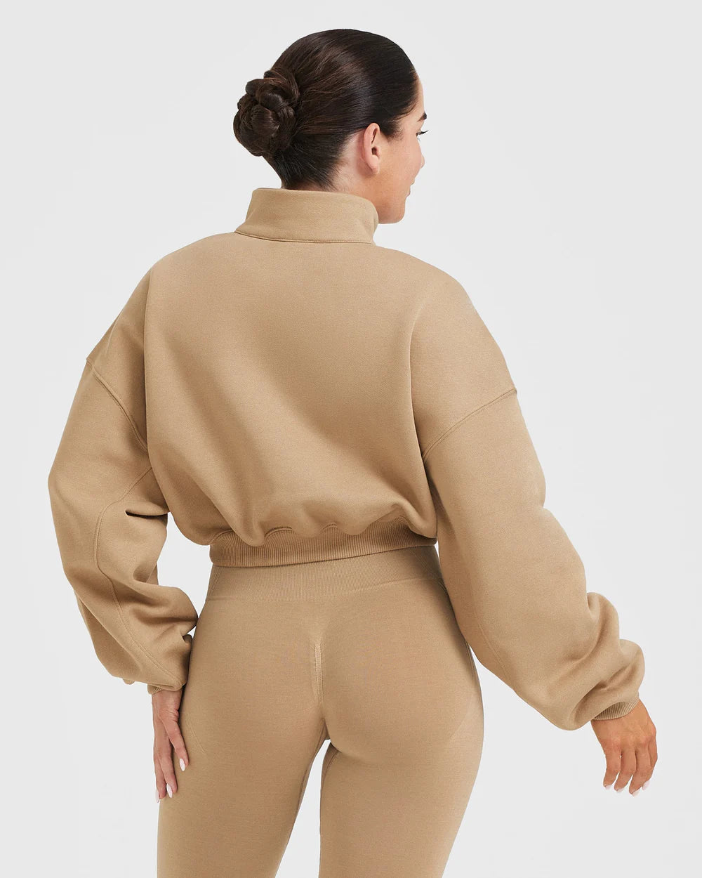 All Day Cosy Crop 1/4 Zip Sweatshirt - Dune Brown