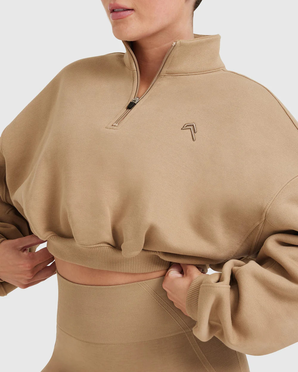 All Day Cosy Crop 1/4 Zip Sweatshirt - Dune Brown