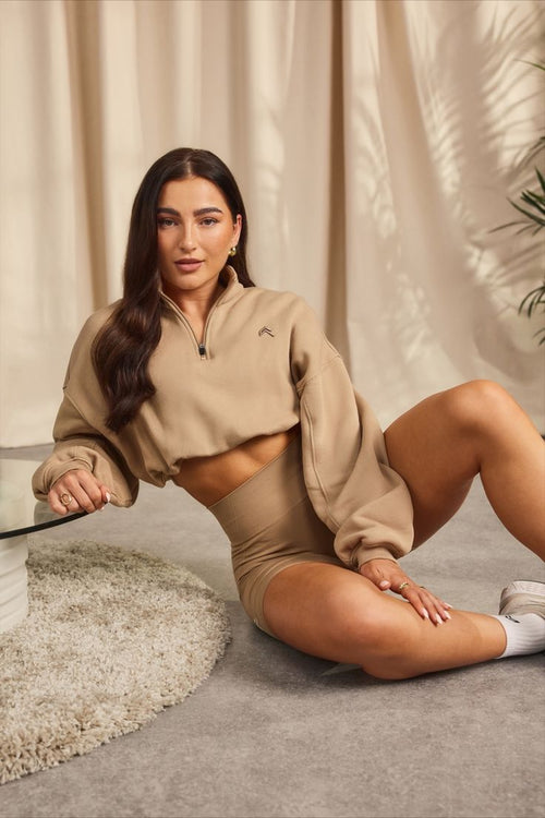 All Day Cosy Crop 1/4 Zip Sweatshirt - Dune Brown